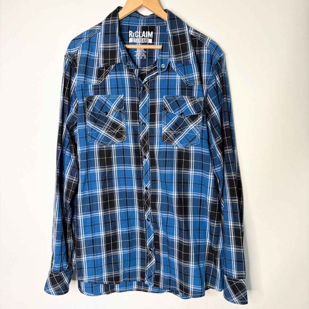 Reclaim Standard Pearl Snap Plaid Long Sleeve Contrast Stitch Western Men XL